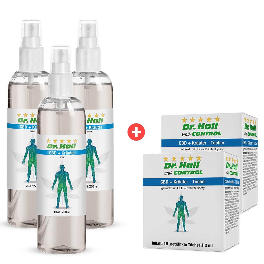 3 CBD-Kräuter Sprays und 2 gratis Tücher von Dr. Hall 