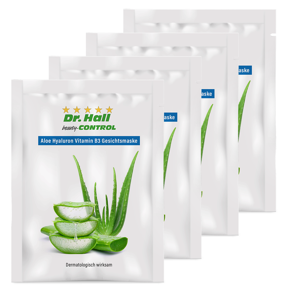 Vier Packungen von der Aloe Hyaluron Vitamin B3 Gesichtsmaske von Dr. Hall 
