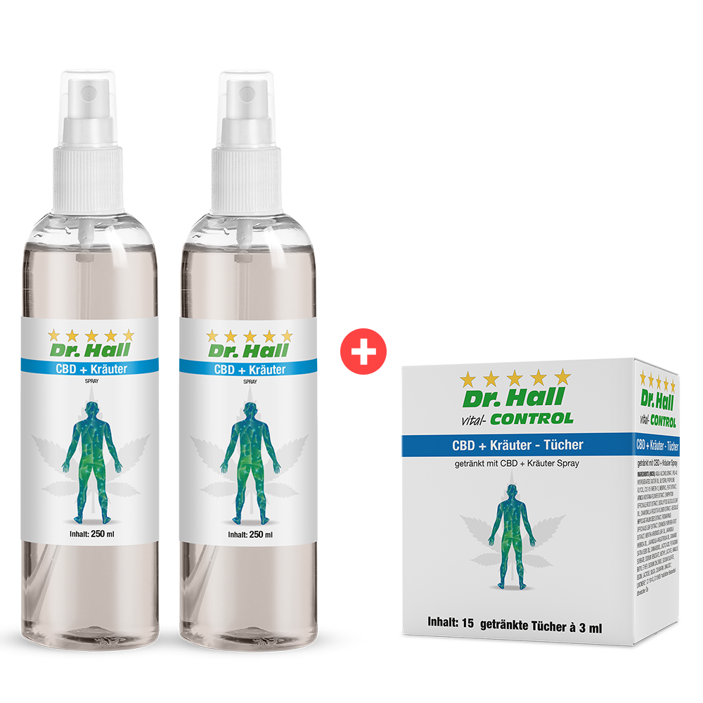 2 CBD-Kräuter Sprays und gratis Tücher von Dr. Hall 
