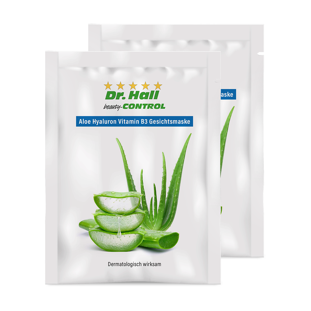 Zwei Packungen von der Aloe Hyaluron Vitamin B3 Gesichtsmaske von Dr. Hall 